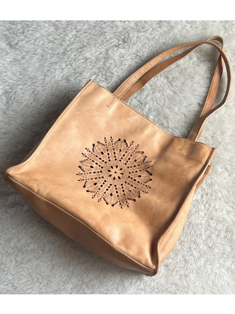 Artisan tan Leather Shoulder Bag with mandala laser cut pattern